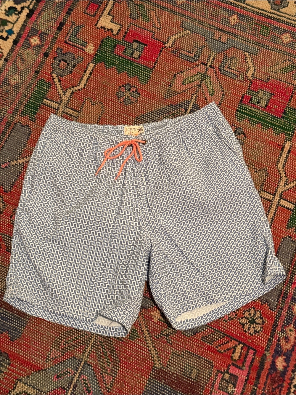 J. Crew Men's Blue Geo-Print Swim Trunks with Orange Drawstring